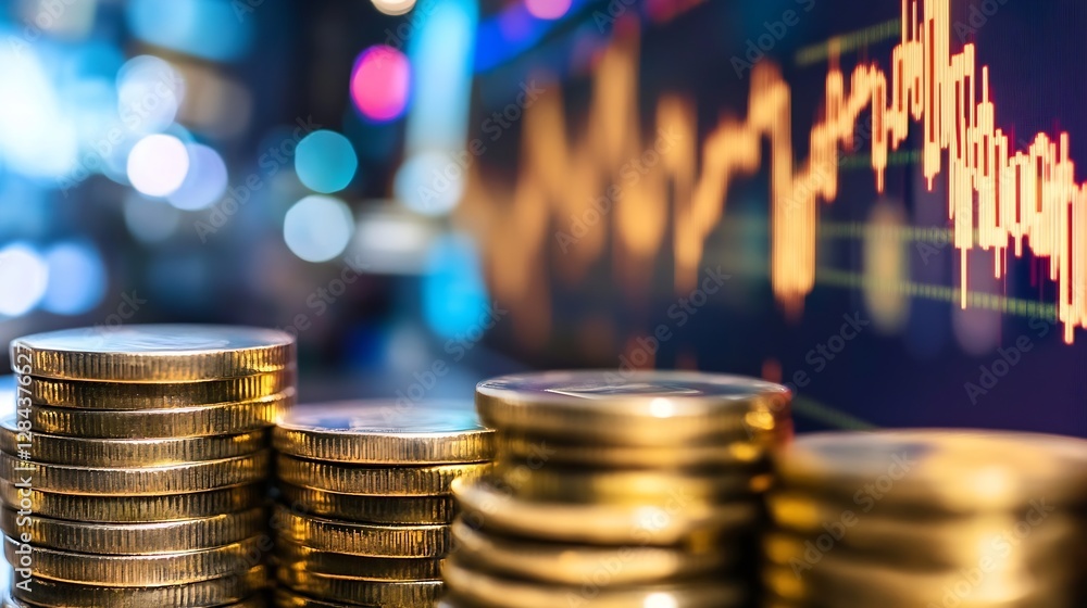 Poster stack of shiny gold coins under financial data charts symbolizing wealth and investment growth : gen