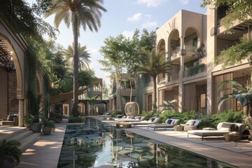 Fototapeta premium Architecture and vacation concept - house and building in mediterranian style. A luxury villa or hotel with a swimming pool area and palm trees.