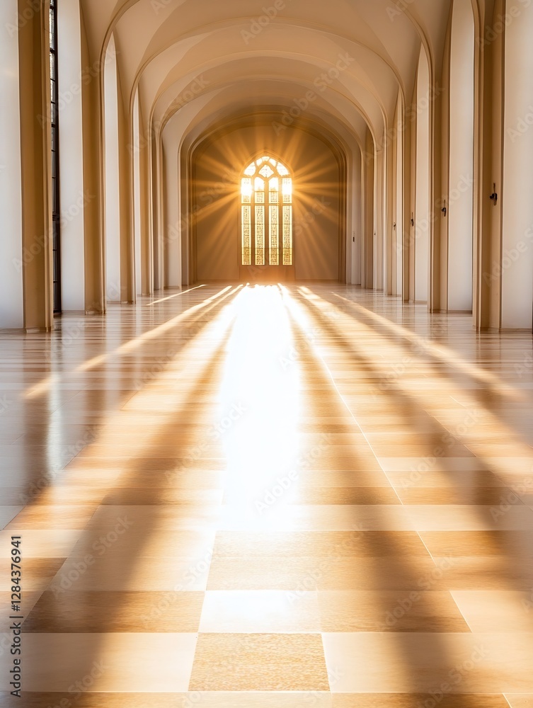 Fototapete Sunlight streaming through a grand window illuminating a pristine hallway : Generative AI