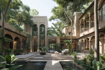 Fototapeta premium Architecture and vacation concept - house and building in mediterranian style. A luxury villa or hotel with palm trees.