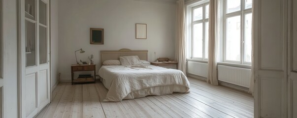 Minimalist scandinavian bedroom with light wood floor and large windows