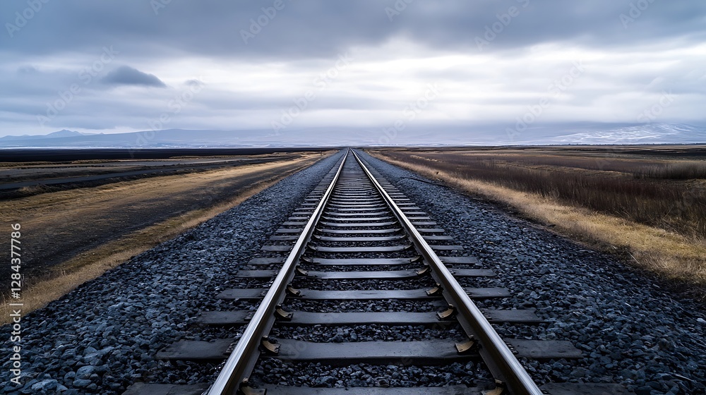 Poster rustic railway tracks leading through a gloomy landscape under a cloudy sky : generative ai