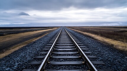 Rustic Railway Tracks Leading Through a Gloomy Landscape Under a Cloudy Sky : Generative AI