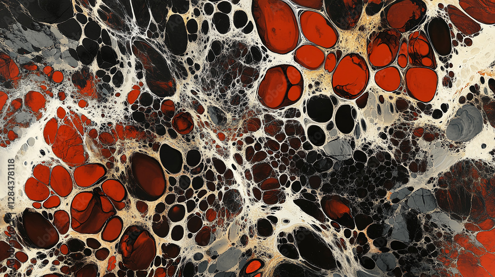 Poster Abstract pattern featuring black, white, and red fluid-like shapes with intricate texture and organic forms, showcasing motion and depth in a modern and artistic style.