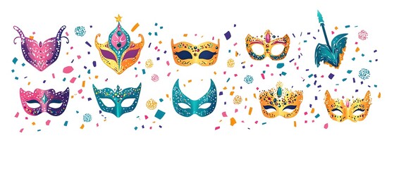 A row of colorful masks with one of them having a sword on it