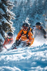A group of four skiers descends a snowy slope under bright sunlight, surrounded by tall evergreen trees. The vibrant colors of their gear contrast beautifully with the winter landscape