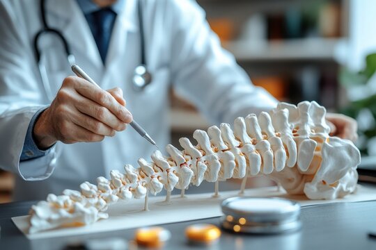 Medical professional examines a spinal model while explaining anatomy in a clinical setting