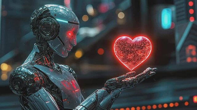 "Cybernetic Heart's Embrace: A futuristic android tenderly holds a glowing, digital heart, set against a backdrop of advanced technology.