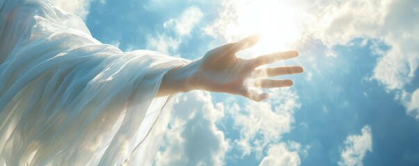 Ethereal hand reaching toward sunlight through cloudy sky