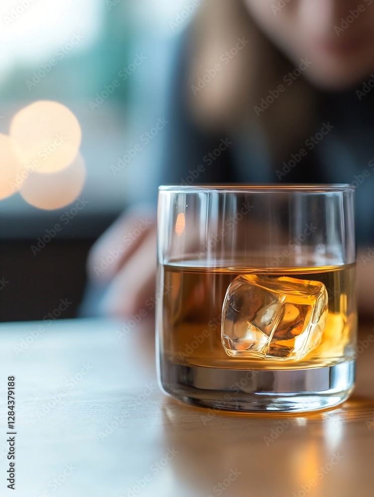 Aufkleber refreshing glass of whiskey with ice cubes on a wooden table in a cozy bar setting : generative ai