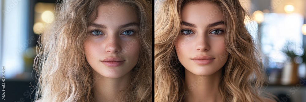 Poster transformative hair makeover showcasing contrasting styles in a salon setting, highlighting before a
