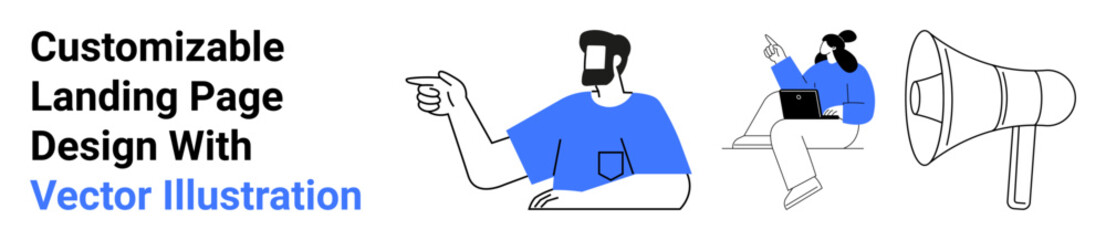 Man pointing, person working on laptop, and megaphone emphasize teamwork, discussions, digital marketing, leadership. Ideal for collaboration, communication, business learning advertising social