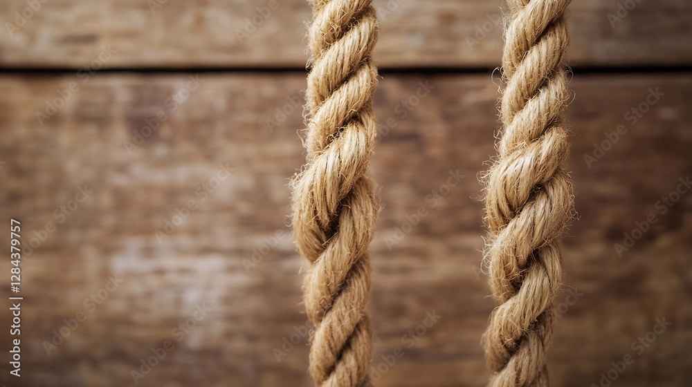 Poster close up of thick natural jute rope on a rustic wooden background showcasing the texture and materia