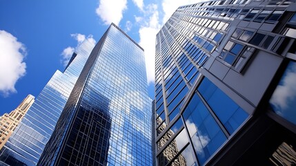 Obraz premium Imposing skyscrapers reaching toward a vibrant blue sky with fluffy clouds creating a stunning urban skyline : Generative AI