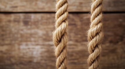 Fototapeta premium Close Up of Thick Natural Jute Rope on a Rustic Wooden Background Showcasing the Texture and Material Strength : Generative AI