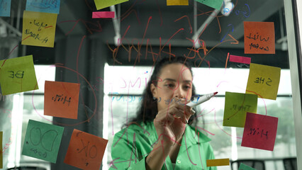 Portrait of smart professional hispanic businesswoman writes marketing ideas on glass board with...