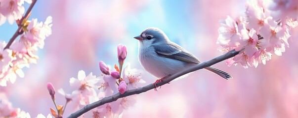 Obraz premium Delicate bird perched on blossoming branch amidst soft pink cherry blossoms