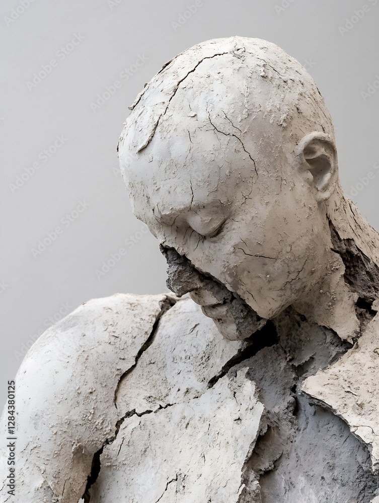 Poster intriguing cracked sculpture of a human figure with a somber expression conveying deep emotions : ge