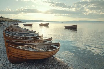 Obraz premium Row of wooden boats resting on a river shore at sunset with golden light