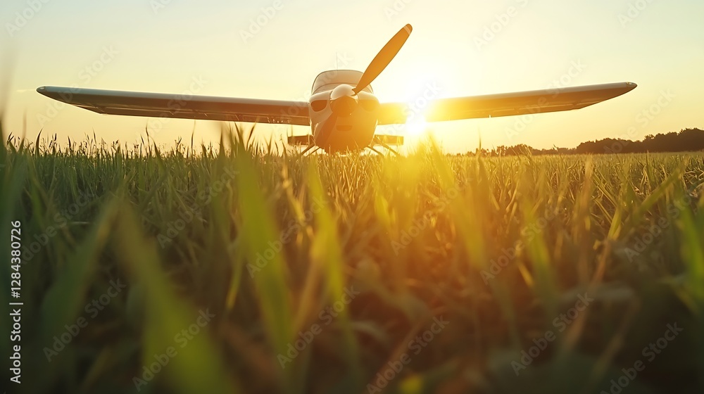 Poster small airplane parked on a field at sunset casting a warm glow : generative ai