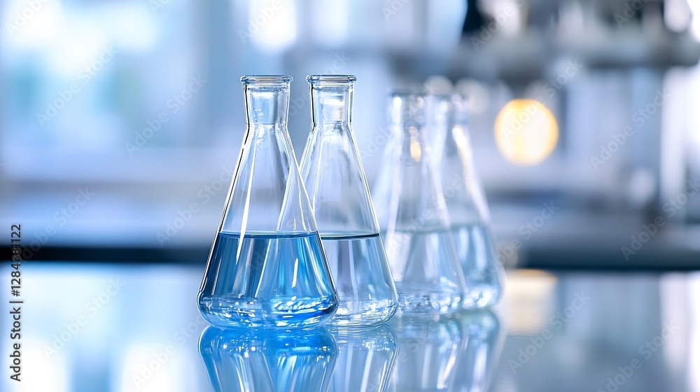 Poster three laboratory flasks filled with vibrant blue liquid reflecting natural light on a sleek laborato
