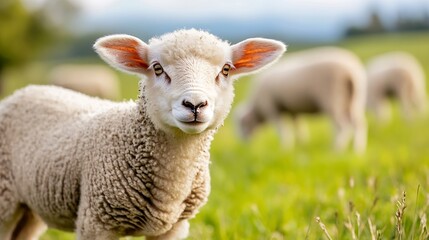 Obraz premium Adorable young sheep posing peacefully on a lush green field in bright daylight : Generative AI