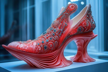 Obraz premium Modern futuristic design of avant-garde shoes with a marine theme, decoratedwith shells, from the young designer Alen Beni. Concept idea for the productionof a fashion collection. 