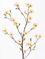 Fototapeta premium Bare stems with yellow flowers against a white background.