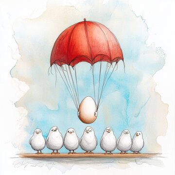 Funny egg parachuting down to a group of birds