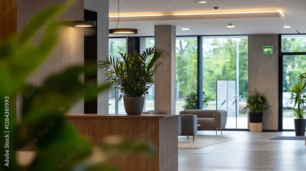 Aufkleber modern reception area with greenery and large windows providing natural light and an inviting atmosp
