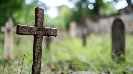 Rusty Cross and Tombstones Surrounded by Lush Green Grass in an Old Cemetery : Generative AI