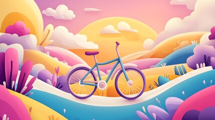 Fototapeta premium Pastel Sunset Bike Ride: Digital Illustration of a Bicycle in a Dreamy Landscape AI Generated