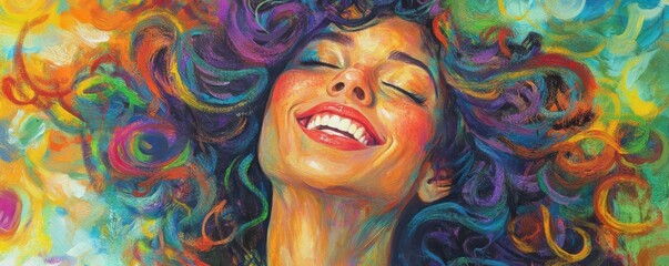 Vibrant abstract portrait of joyful woman with colorful curly hair on textured background
