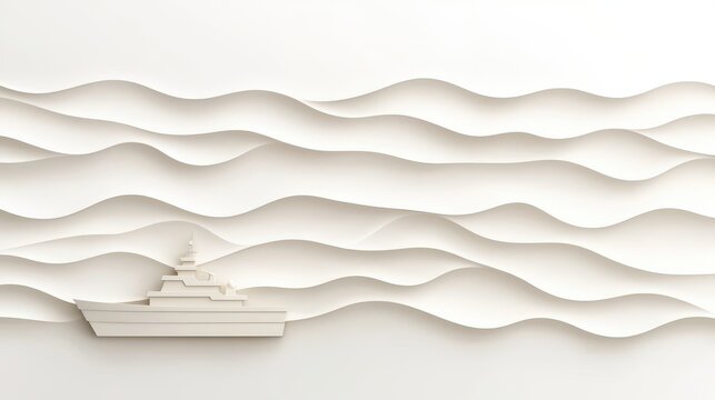 A white yacht rests against a backdrop of flowing waves crafted in a minimalist style. The smooth design evokes calmness and serenity, showcasing nautical themes