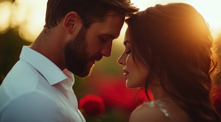 A couple embraces in a flower-filled garden at sunset. Their foreheads touch as they share a tender moment, illuminated by warm golden light, exuding love and connection
