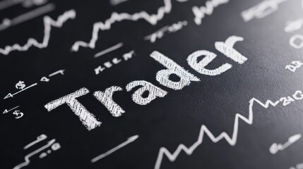 Fototapeta premium Financial charts and diagrams are sketched in chalk on a blackboard, showcasing various trading patterns, with the term trader clearly written, indicating market analysis activities