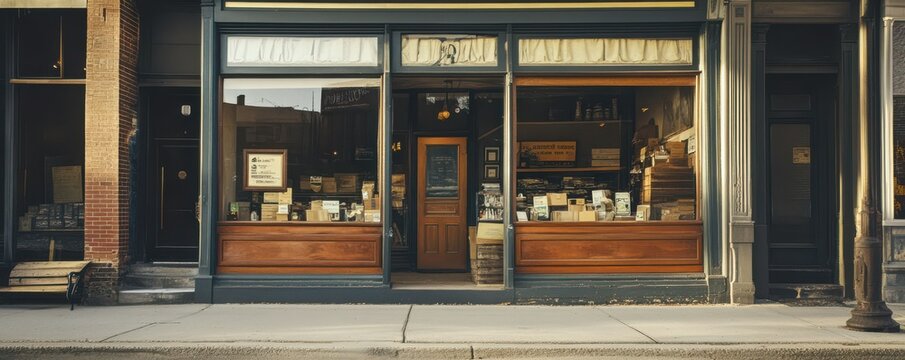 Historic bookstore front with vintage wooden showcase in quaint downtown street