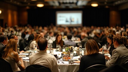 Conference attendees at a banquet, presentation on screen