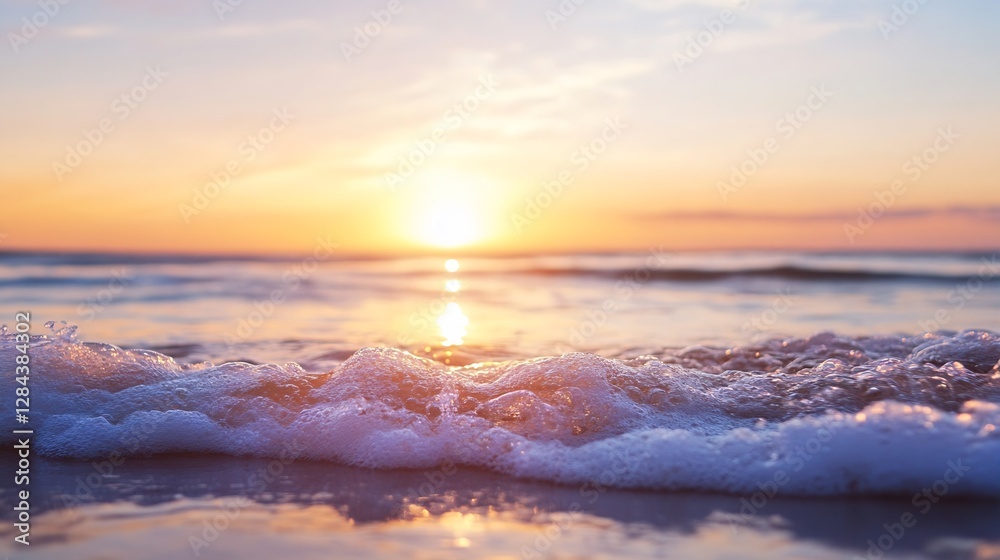 Poster soft ocean waves rolling gently onto the shore during a beautiful sunset with reflective light : gen