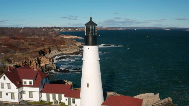 Revealing Aerial Of Portland Head Light in Cape Elizabeth, Maine