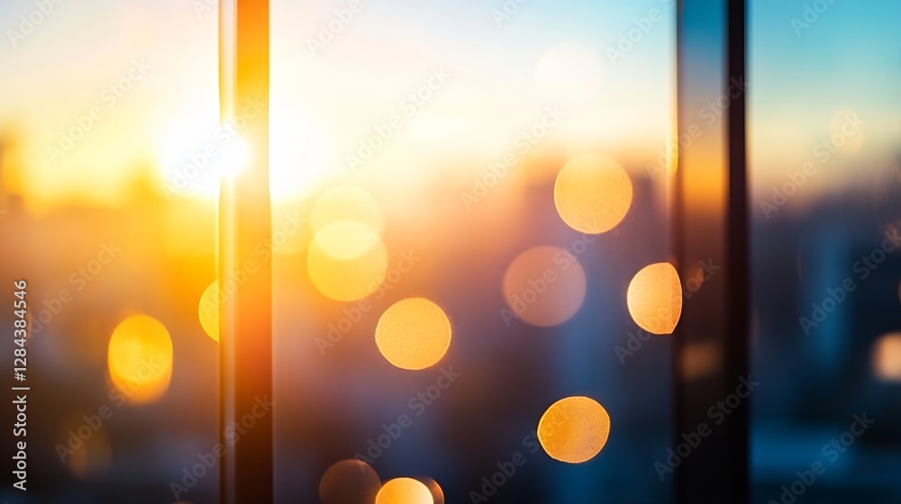Fototapete Sunrise through glass windows creating a warm bokeh effect in a city setting : Generative AI