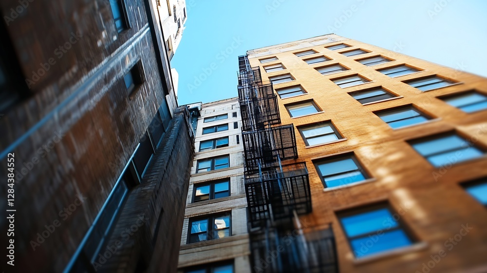 Poster low angle view of red brick building and fire escape under clear blue sky showcasing urban architect