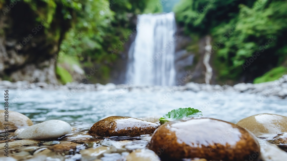 Poster tranquil river scene featuring smooth stones and a waterfall in lush surroundings : generative ai