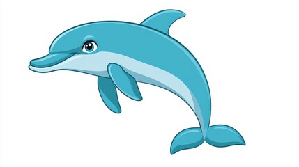 A cheerful dolphin swims through the crystal clear blue waters, showcasing its playful nature and agility under the bright midday sun. The ocean sparkles around it, enhancing its vibrant colors