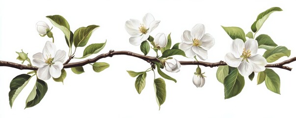 Apple blossom branch with white flowers and green leaves isolated on white background