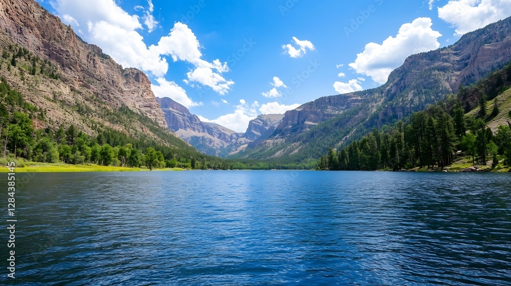 Poster vast and stunning lake surrounded by mountains creating a picturesque summer getaway destination : g