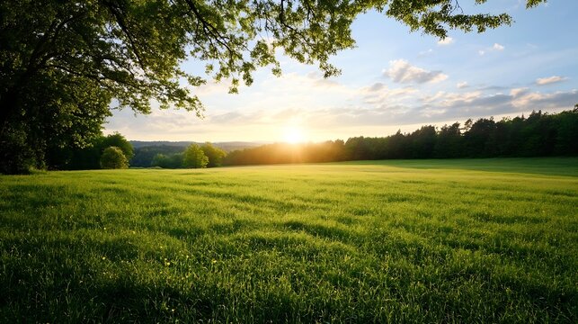Serene landscape of a green field under a cloudy sky during sunset with trees lining the horizon : Generative AI