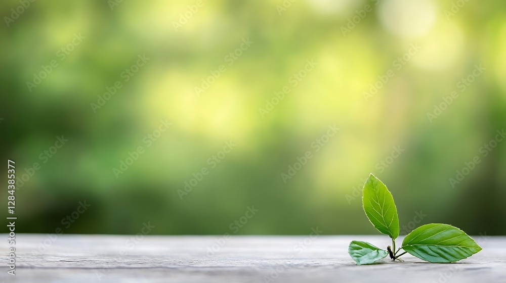 Poster Delicate green leaves on a wooden table with soft blurred background creating a natural atmosphere : Generative AI