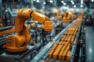 Robotic arm assembling yellow battery packs in a modern manufacturing facility during daylight hours
