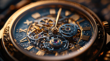 Close-up of intricate gold watch movement, displaying gears and roman numerals